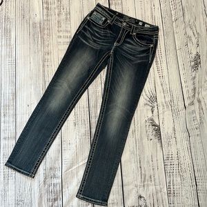 Miss Me Signature Rise Skinny Jeans- cross pocket- dark wash